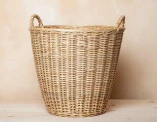 Obraz premium Handwoven straw basket with leather handles on white background.