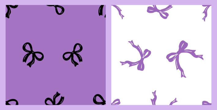 Cute seamless ribbon bow pattern collection featuring hand drawn decorative bows in black and purple on minimalist backgrounds in flat vector style for fabric, wrapping paper, wallpaper, gift packagin