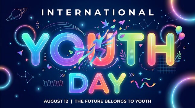 International Youth Day typographic design with planetary and floral elements