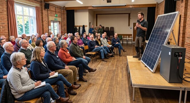A community gathering focused on solar energy, showcasing renewable technology and engaging discussions for sustainable solutions.