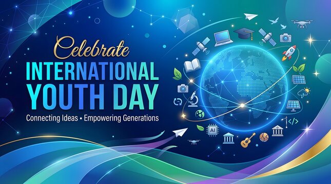 International youth day celebration with globe and technology vector illustration