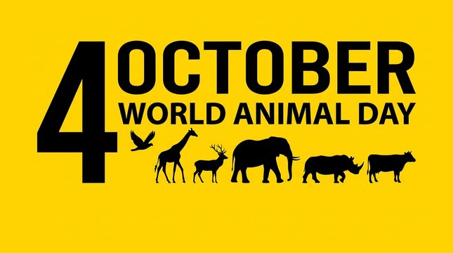 World Animal Day banner for 4 October, wildlife conservation poster with animal silhouettes, yellow background with black typography and fauna icons