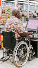 Obraz premium A man in a wheelchair at an accessible self-checkout terminal, looking at directional arrows on a screen in a grocery store for retail concept