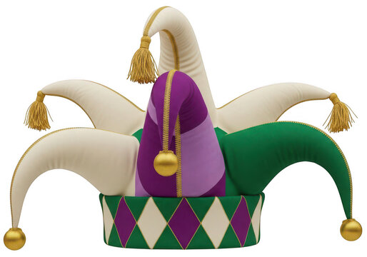 Jester s hat with colorful panels and tassels on transparent background
