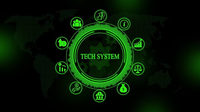 Glowing green tech system interface with circular and map background digital network concept for business and financial data analysis