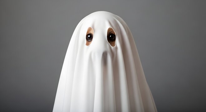 Cute white ghost character wearing a bed sheet costume for halloween celebration and spooky party themes