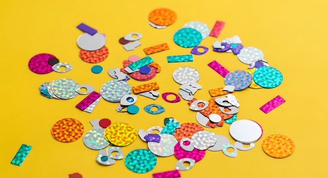 Colorful assorted craft googly eyes scattered on a bright yellow background for creative art projects