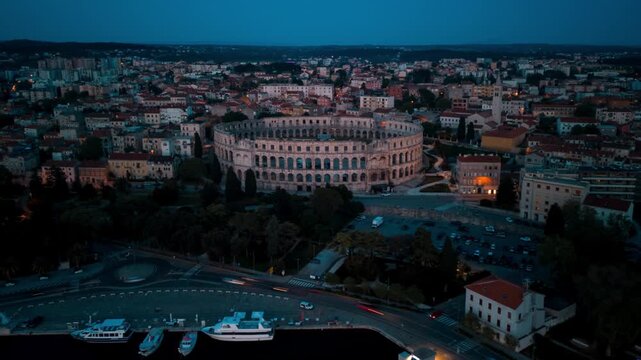View of Pula Arena in the historic city center of Pula, Croatia.