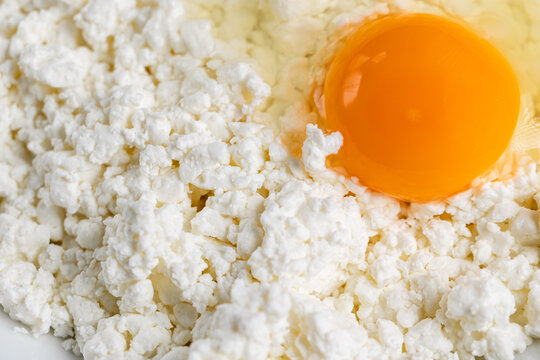 Macro close up of raw egg yolk in fresh cottage cheese background