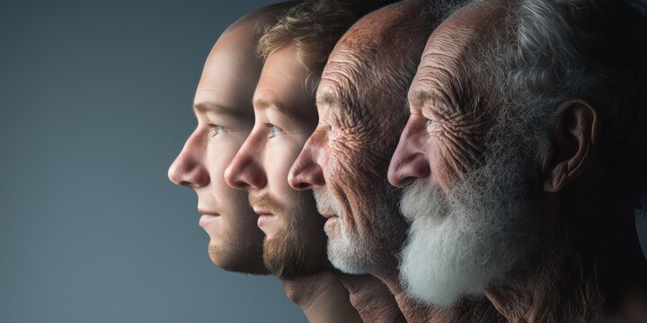 Four male profiles in side view showing the progression of aging from youth to seniority against a blue background.