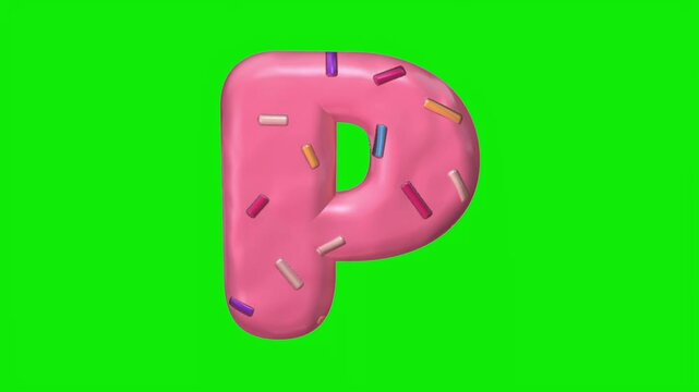 3D animated alphabet letters with pink donut icing and sprinkles on a green screen.