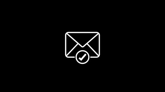 Minimalist email animation with checkmark, digital communication success symbol, isolated on black background