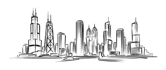 Fototapeta premium Hand-drawn city skyline sketch with tall buildings