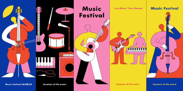 Music festival vector illustration featuring musicians playing string and percussion instruments vibrant color palette