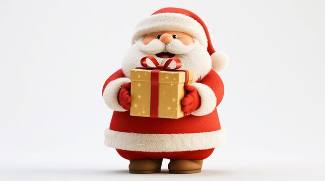 Cute 3D Santa Claus holding a glowing Christmas gift box in premium red and gold colors. Ultra detailed fur, cinematic lighting and soft shadows create a festive isolated render on a clean white backg