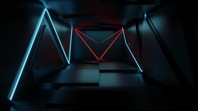 Red neon lines forming in dark futuristic room as camera pulls back