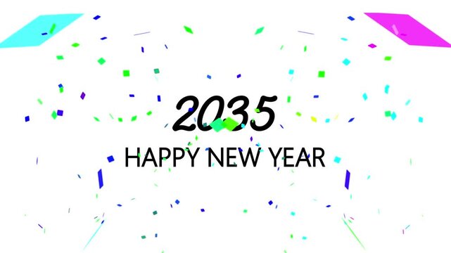 2035 happy new year celebration motion with colorful falling confetti on white background, new year's eve