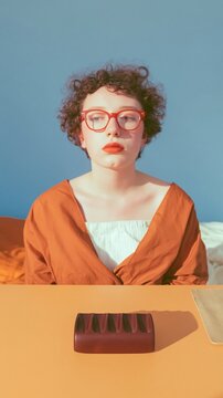 Young woman with red glasses looking down at a wooden pill organizer casting long shadows on a desk for student health and wellness