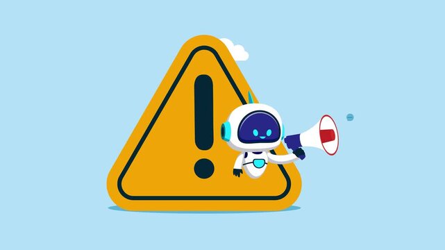 Cyborg with artificial intelligence uses loudspeaker with exclamation attention sign. Important news, danger situation.  Business animation video.