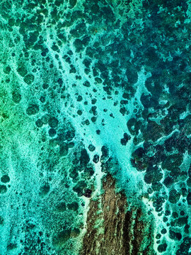 Aerial view of a vibrant coral reef with intricate patterns of coral formations and turquoise water in Mauritius.