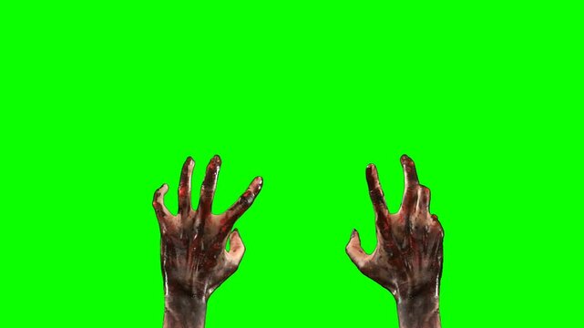 creepy zombie hands, reaching up on green screen chroma key overlay for horror halloween video animation