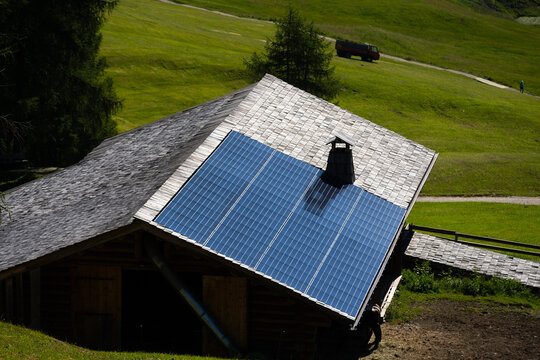 Solar panels on roof of the modern single family house