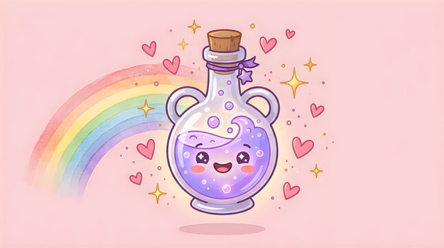 Cute magic potion bottle character with a rainbow and hearts in a lovely pastel pink style