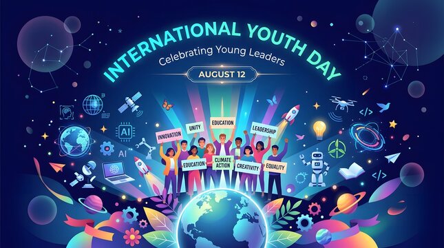 Vector illustration of international youth day celebration with diverse elements