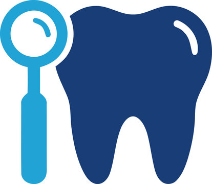 Blue tooth icon with a magnifying glass for dental checkup isolated on transparent background