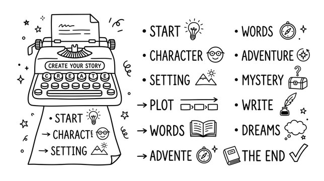 Doodle typewriter with story elements on transparent background