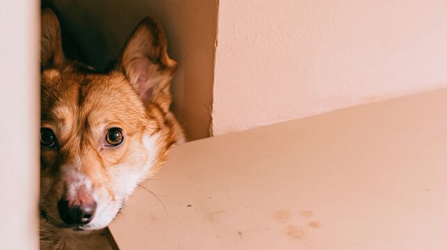 A curious corgi peeking around a corner at an empty beige table with copy space, showcasing soft fur and a charming playful mood for pet food marketing