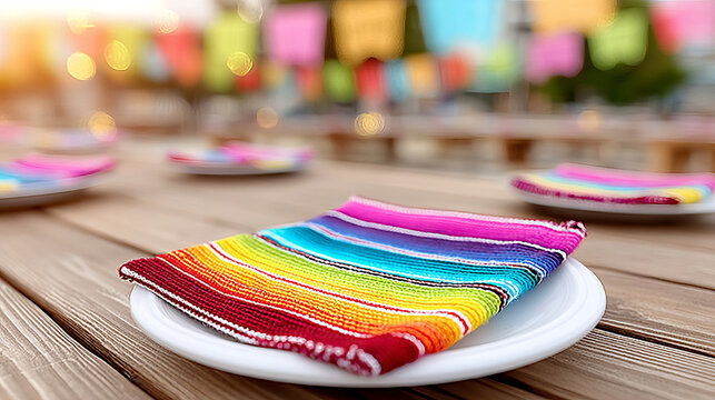 A folded vibrant rainbow-striped woven napkin rests on a white plate atop a wooden table, with blurred matching place settings and colorful festive bokeh in the background, evoking a Mexican fiesta 