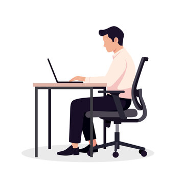Businessman working on laptop at office desk flat vector
