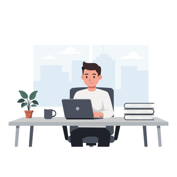 Man working on laptop in modern office setting