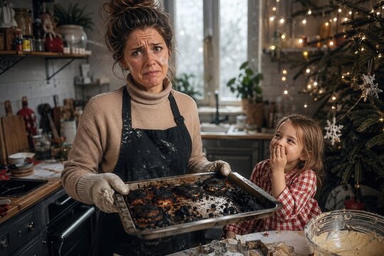 Eine Mutter h&auml;lt ein Blech mit verbrannten Weihnachtspl&auml;tzchen, w&auml;hrend ihre Tochter &uuml;berrascht reagiert. Die humorvolle K&uuml;chenpanne zeigt echten Familienalltag und unperfekte Weihnachten.