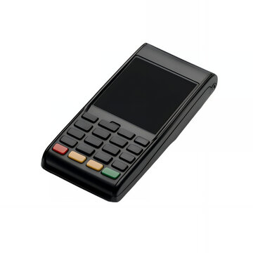 A black payment terminal with a keypad and a blank screen is angled on a white background