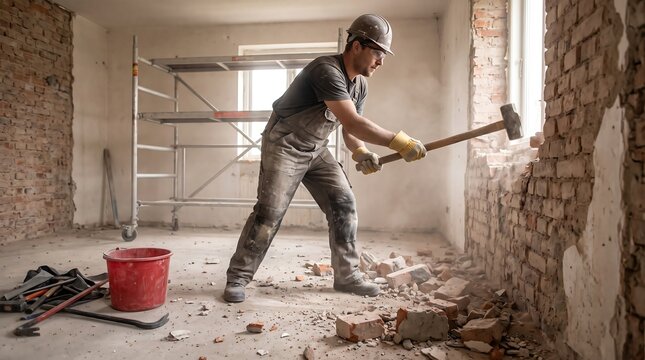 Construction worker using sledgehammer for wall demolition, professional builder renovating house interior, manual labor on building site