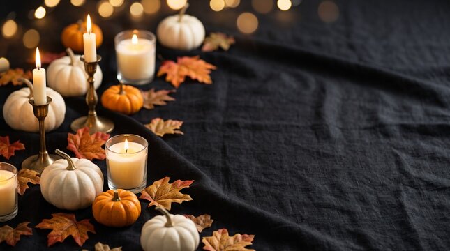 Clean modern Halloween email banner background with miniature pumpkins autumn leaves candles black fabric textures warm golden lighting elegant composition generous copy space