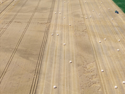 Aerial view of harvested wheat fields with scattered straw bales and tractor tracks Hombourg, Grand Est, France.