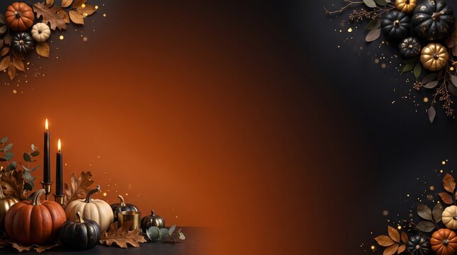 Luxurious orange-to-black gradient background with elegant pumpkins autumn leaves candles floating golden particles corners minimalist Halloween design central copy space

