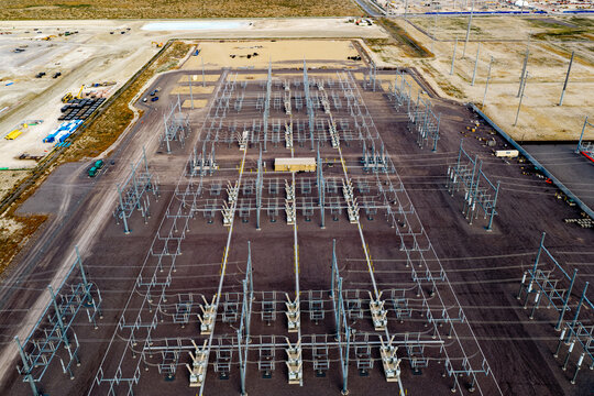 Aerial view of the Meta Eagle Mountain Data Center electrical substation featuring high-voltage equipment and metal structures set within a desert landscape in Eagle Mountain, Utah, United States.