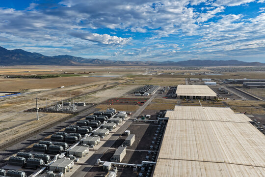 Aerial view of the industrial cooling infrastructure at the Meta Eagle Mountain Data Center, featuring rows of cooling units and large facility buildings in Eagle Mountain, Utah, United States.