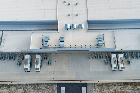 Aerial view of Meta Eagle Mountain Data Center's industrial cooling infrastructure with rooftop HVAC units and ground-level cooling equipment in Eagle Mountain, Utah, United States.