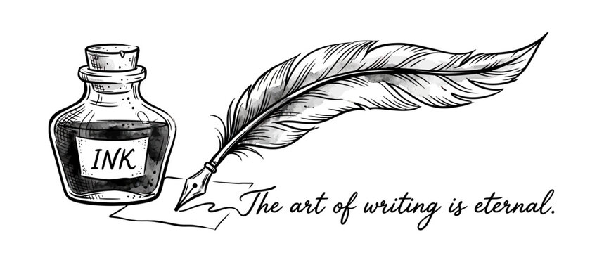Quill pen and ink bottle, vintage writing illustration