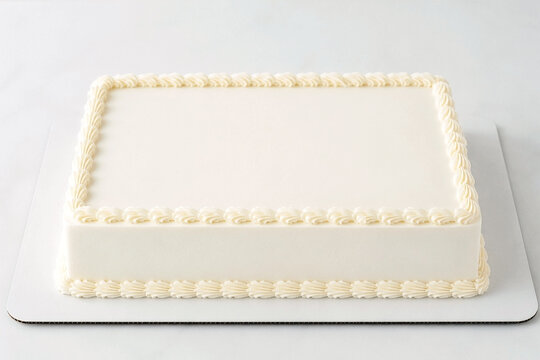 Blank white rectangular sheet cake mockup with piped buttercream border. Empty frosted celebration template with copy space for custom birthday message and bakery branding.