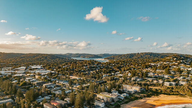 Aerial view of the coastal landscape and residential neighborhood of Mona Vale, New South Wales, Australia.
