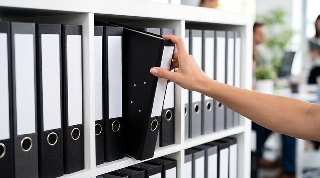 Close-up of a hand reaching out and pulling a black ring binder folder from a white bookshelf in a modern office environment, representing document organization, data archiving, and office work.