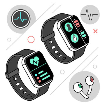 Smartwatch health and fitness tracking icons and interface design with interface