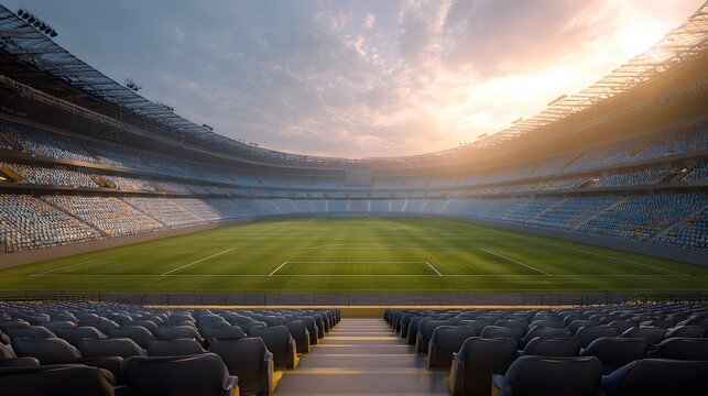 Cinematic empty soccer stadium at sunset with bright floodlights illuminating.