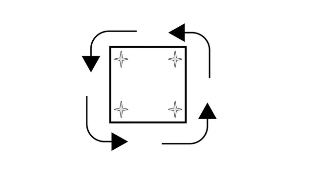 Abstract geometric diagram showing a square with rotational arrows and four-pointed stars, physics or mechanics diagram concept.